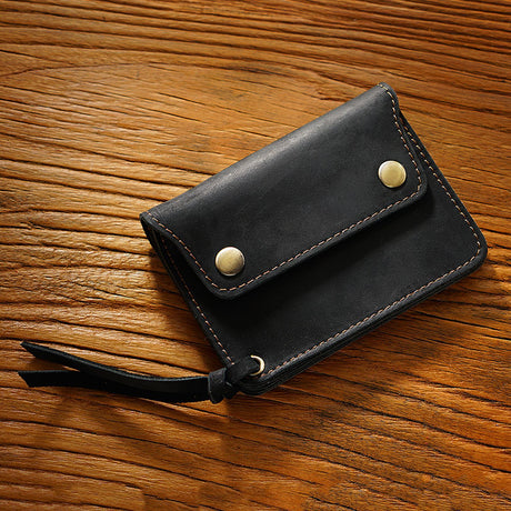 Black Handmade Crazy Horse Leather Wallet Vintage Coin Purse Zipper Card Holder with Strap Snap Closure Top Layer Cowhide 12cm