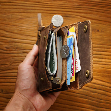 Brown Handmade Crazy Horse Leather Wallet Vintage Coin Purse Zipper Card Holder with Strap Snap Closure Top Layer Cowhide 12cm