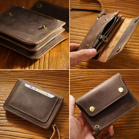 Brown Handmade Crazy Horse Leather Wallet Vintage Coin Purse Zipper Card Holder with Strap Snap Closure Top Layer Cowhide 12cm