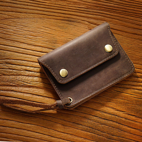 Coffee Handmade Crazy Horse Leather Wallet Vintage Coin Purse Zipper Card Holder with Strap Snap Closure Top Layer Cowhide 12cm