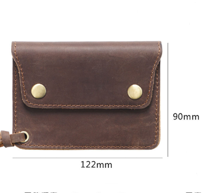 Coffee Handmade Crazy Horse Leather Wallet Vintage Coin Purse Zipper Card Holder with Strap Snap Closure Top Layer Cowhide 12cm