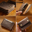 Green Handmade Crazy Horse Leather Wallet Vintage Coin Purse Zipper Card Holder with Strap Snap Closure Top Layer Cowhide 12cm