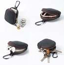 Brown Genuine Crazy Horse Leather Mini Coin Purse Zipper Shell Pouch Small Earphone Case Key Holder with Carabiner Clip 8.5cm for Travel