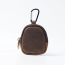 Coffee Genuine Crazy Horse Leather Mini Coin Purse Zipper Shell Pouch Small Earphone Case Key Holder with Carabiner Clip 8.5cm for Travel