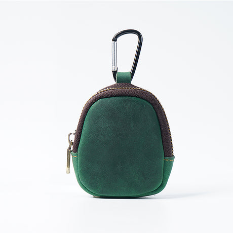Green Genuine Crazy Horse Leather Mini Coin Purse Zipper Shell Pouch Small Earphone Case Key Holder with Carabiner Clip 8.5cm for Travel