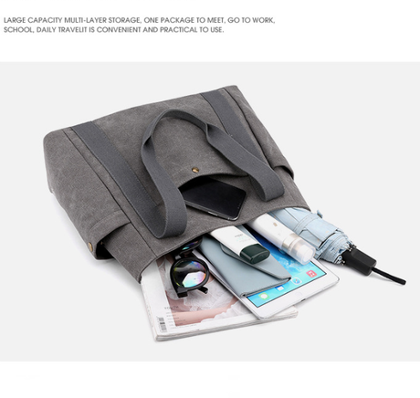 Grey Women's Large Canvas Tote Bag Minimalist Shoulder Handbag High Capacity 39cm for Work School & Travel