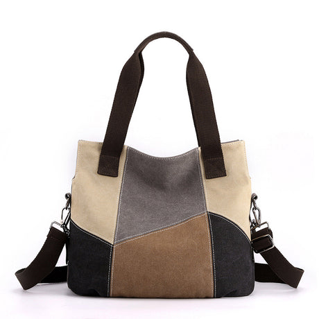 Grey Vintage Patchwork Canvas Tote Bag Large Capacity Multi-Pocket Women's Shoulder Handbag for Office Travel and Daily Use