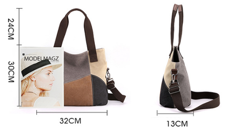 Grey Vintage Patchwork Canvas Tote Bag Large Capacity Multi-Pocket Women's Shoulder Handbag for Office Travel and Daily Use