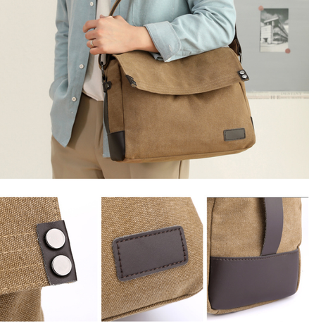 Khaki Men's Large Capacity Canvas Messenger Bag Lightweight Multi-Pocket Crossbody Shoulder Bag for Work Casual Travel iPad Compatible