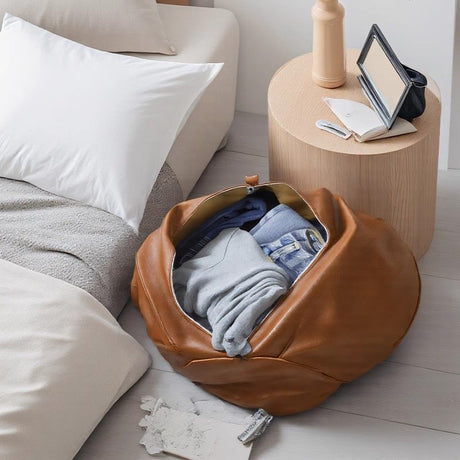 Brown Faux Leather Pumpkin Pouf Cover - DIY Unfilled Round Ottoman for Clothes Storage and Footrest - 50x30cm Versatile Home Decor