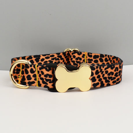 XL Leopard Print Boho Patterned Dog Collar with Gold Metal Bone Buckle Adjustable Tribal & Leopard Print Neck Strap for Puppies & Dogs