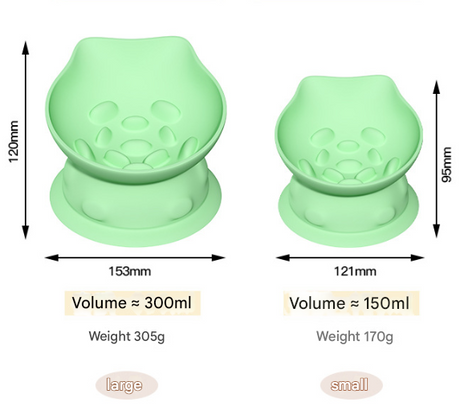 L Green 2-Piece Elevated Silicone Pet Bowl Set - Slanted Neck Protection Cat Bowl with Anti-Slip Suction Base for Cats and Small Dogs