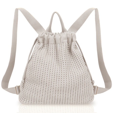 Grey Bohemian Crochet Knit Drawstring Backpack - Hand-Woven Versatile Tote & Shoulder Bag for Vacation, Travel, and Daily Use