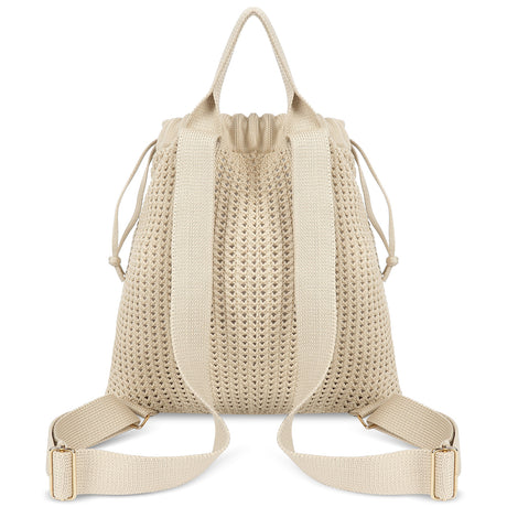 Grey Bohemian Crochet Knit Drawstring Backpack - Hand-Woven Versatile Tote & Shoulder Bag for Vacation, Travel, and Daily Use