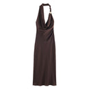 S Elegant Halter Neck Satin Midi Dress - Sexy Asymmetric Draped Evening Gown with Metal Hardware Accent for Women
