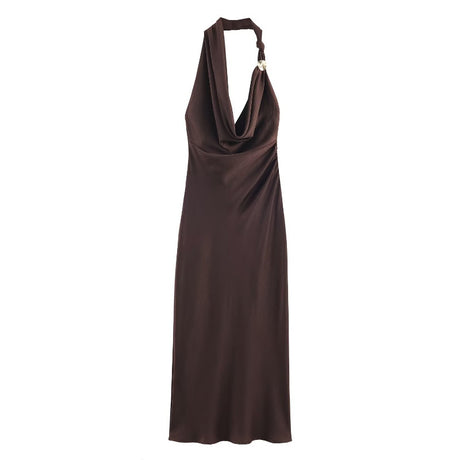 S Elegant Halter Neck Satin Midi Dress - Sexy Asymmetric Draped Evening Gown with Metal Hardware Accent for Women