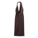 S Elegant Halter Neck Satin Midi Dress - Sexy Asymmetric Draped Evening Gown with Metal Hardware Accent for Women