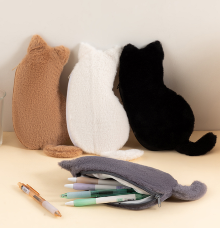 Khaki 3-Pack Adorable Plush Cat Pencil Case Set - Large Capacity Kawaii Kitty Shape Stationery Pouch for School, Office and Students