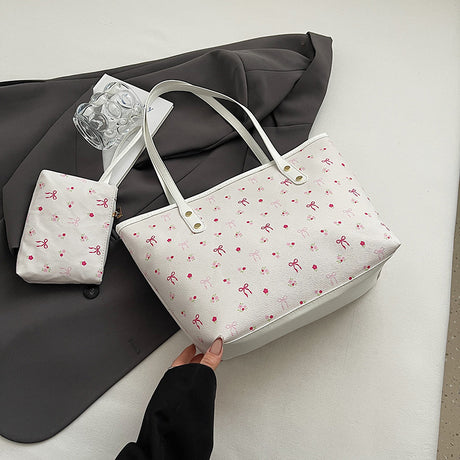White Large Capacity Daily Commuter Tote Bag Set | Versatile Shoulder Handbag with Matching Pouch | 38cm Length Casual Carryall