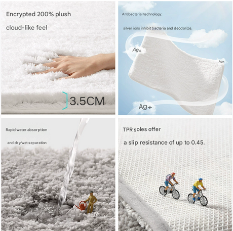 White 60*90cm Luxury 3.5cm Shag Bath Mat | Silver Ion Antibacterial Technology | Quick Dry Non-Slip TPR Bathroom Rug