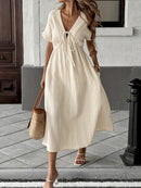 XL Light Yellow Women's Bohemian Deep V-Neck Maxi Dress | Elegant Flowy Empire Waist Gown with Tie Detail