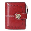 Red Women's Short Leather Wallet - European Style Waxed Leather Coin Purse with Zipper Card Holder in Red