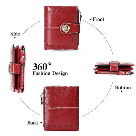 Red Women's Short Leather Wallet - European Style Waxed Leather Coin Purse with Zipper Card Holder in Red