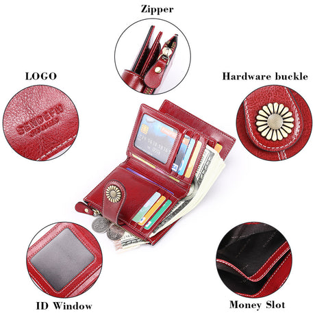 Red Women's Short Leather Wallet - European Style Waxed Leather Coin Purse with Zipper Card Holder in Red