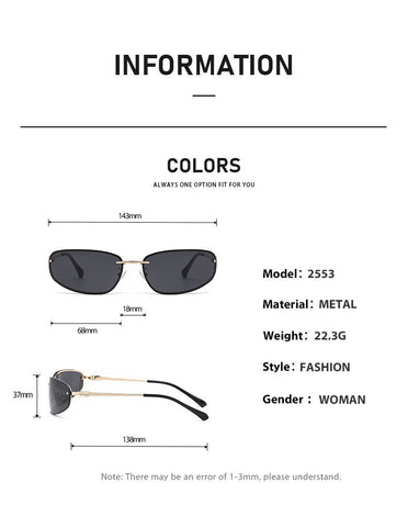 Gold-rimmed Black-and-grey Lenses 2PCS Retro Y2K Rimless Oval Sunglasses for Women | Fashion Metal Frame Old Money Aesthetic | Sweet Cool Spice Girl Sunnies