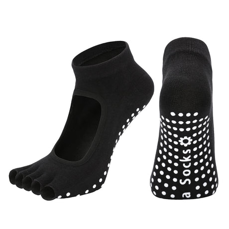 Black 3-Pack Women's Non-Slip Five-Finger Yoga Socks - Open Back Combed Cotton Pilates & Fitness Grip Socks for Professional Exercise