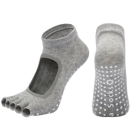 Light Grey 3-Pack Women's Non-Slip Five-Finger Yoga Socks - Open Back Combed Cotton Pilates & Fitness Grip Socks for Professional Exercise