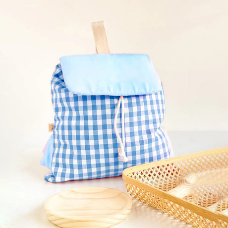 Blue Trendy Gingham Checkered Canvas Backpack | Aesthetic Student School Bag | Casual Daily Travel Daypack