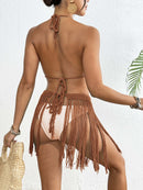 Brown Women's Hand-Crocheted Two-Piece Bikini Set with Shell Accents and Tassel Skirt