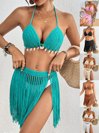 Pink Women's Hand-Crocheted Two-Piece Bikini Set with Shell Accents and Tassel Skirt