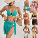 Pink Women's Hand-Crocheted Two-Piece Bikini Set with Shell Accents and Tassel Skirt