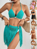 Black Women's Hand-Crocheted Two-Piece Bikini Set with Shell Accents and Tassel Skirt
