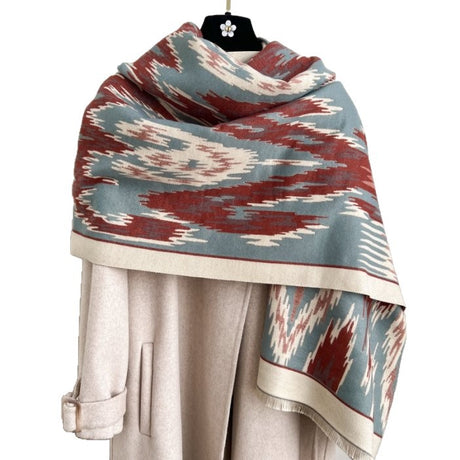 Dark Red New Style Buttoned Shawl – Double-Sided Winter Scarf with Ethnic Pattern, Faux Cashmere Feel for Travel and Fashion