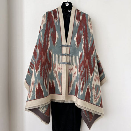 Blue and Dark Red New Style Buttoned Shawl – Double-Sided Winter Scarf with Ethnic Pattern, Faux Cashmere Feel for Travel and Fashion
