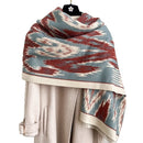 Blue and Dark Red New Style Buttoned Shawl – Double-Sided Winter Scarf with Ethnic Pattern, Faux Cashmere Feel for Travel and Fashion