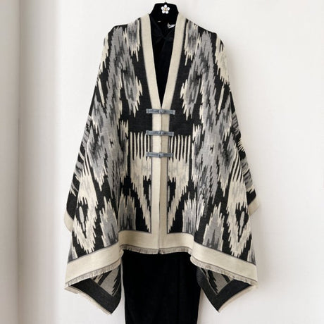 Black New Style Buttoned Shawl – Double-Sided Winter Scarf with Ethnic Pattern, Faux Cashmere Feel for Travel and Fashion
