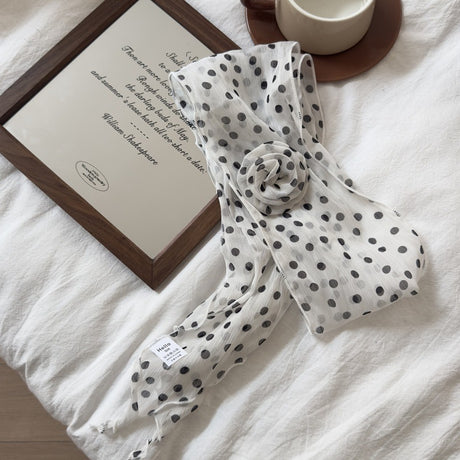 2 Pcs White Dot Pattern Rose Flower Thin Scarf – Elegant and Versatile Neck Wrap for Women