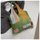 White handbag strap Knitted Patchwork Tote Bag – Spacious, Fringed, Single-Shoulder Design