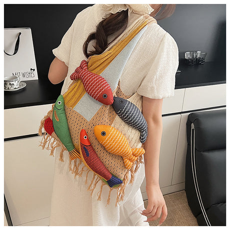 Red handbag strap Knitted Patchwork Tote Bag – Spacious, Fringed, Single-Shoulder Design