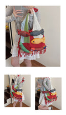 Red handbag strap Knitted Patchwork Tote Bag – Spacious, Fringed, Single-Shoulder Design