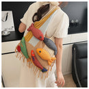 Khaki handbag strap Knitted Patchwork Tote Bag – Spacious, Fringed, Single-Shoulder Design