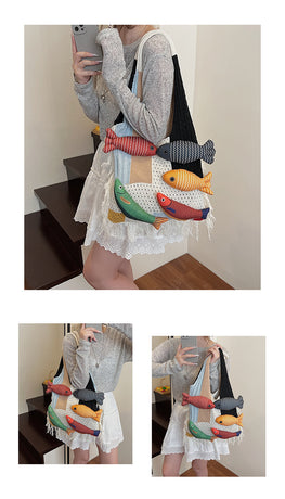 Khaki handbag strap Knitted Patchwork Tote Bag – Spacious, Fringed, Single-Shoulder Design