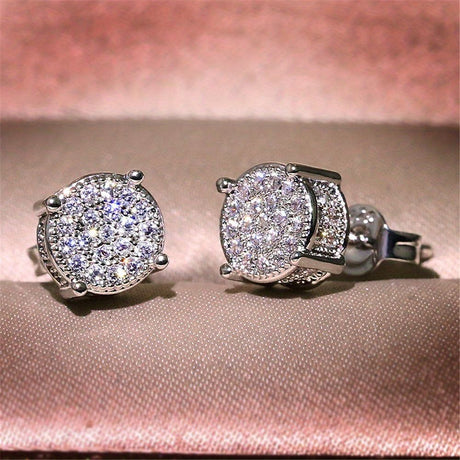 Silver Unisex Round Crystal Stud Earrings – Full-Pave Micro-Set Alloy Ear Jewelry