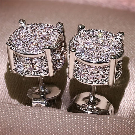 Silver Unisex Round Crystal Stud Earrings – Full-Pave Micro-Set Alloy Ear Jewelry