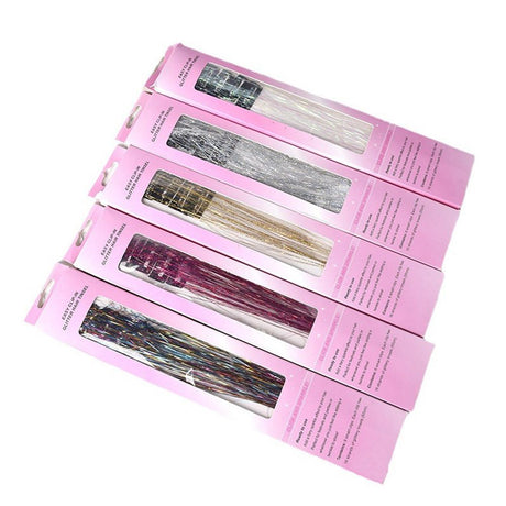 Yellow and Silver and Pink Laser Iridescent Hair Extensions – 12-Piece Clip-In Highlight Strands (High-Temperature Fiber)