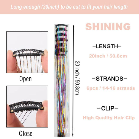 Yellow and Silver and Pink Laser Iridescent Hair Extensions – 12-Piece Clip-In Highlight Strands (High-Temperature Fiber)